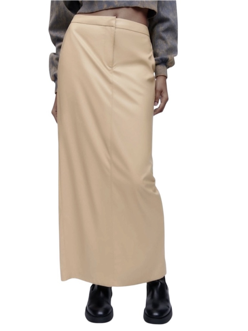 NWOT ZARA Blogger Favorite Faux Leather Midi Skirt in Beige